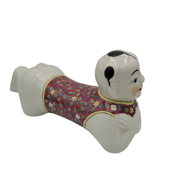 Chinese 12" Porcelain Pillow Headrest Kneeling Child Famille Rose Asian Sculptur - Picture 2 of 8